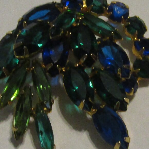 Stunning Vintage Cobalt Blue & Emerald Green Rivoli RHINESTONE BROOCH Spray - Picture 2 of 5